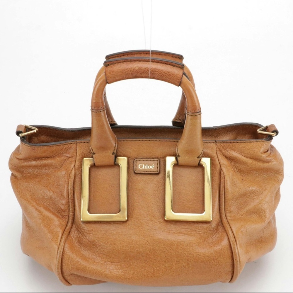 Chlo Mini Ethel Leather Bag Tan Brown Gold Detail Zip Top Designer Purse